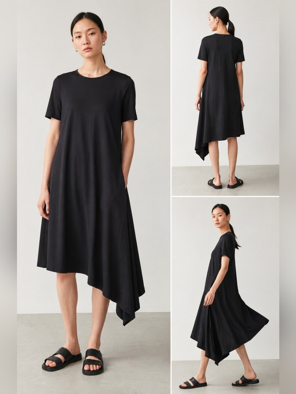 COS Black Asymmetrical Midi Dress Short Sleeve Minimalist Cotton Size L